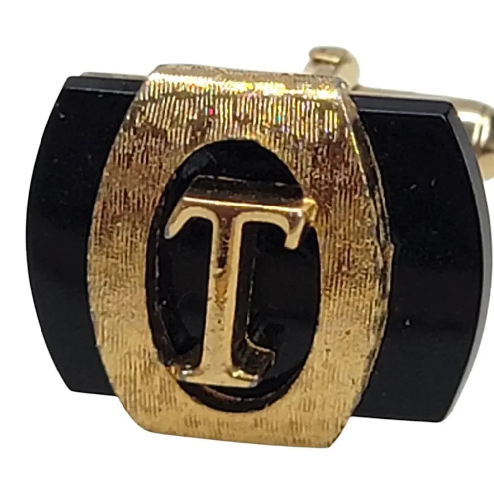 Vintage Swank Initial T Cufflinks Gold Tone Black Monogram Mid Century Mens
